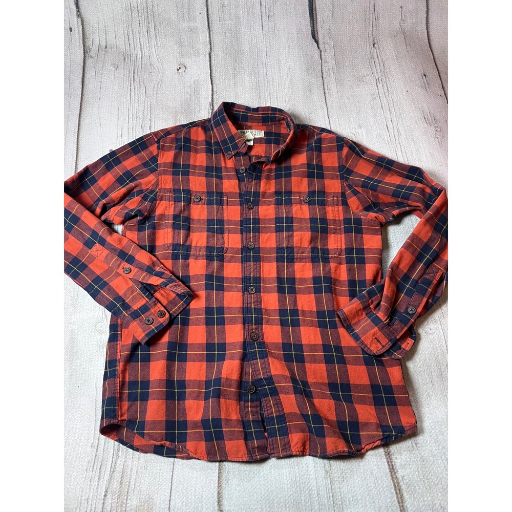 Duluth Trading Co Plaid Flannel Shirt Mens L Orange Navy‎ Trim Fit Workwear